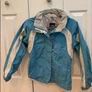 blue north face rain coat